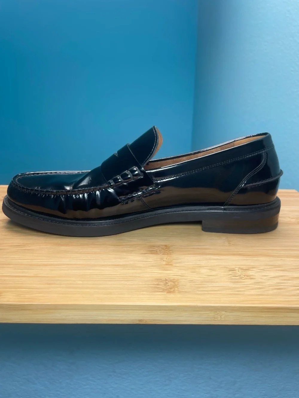 Cole Haan Mens Pinch Prep Penny Loafers Sz 10.5 Patent Leather Black Moc Toe EUC